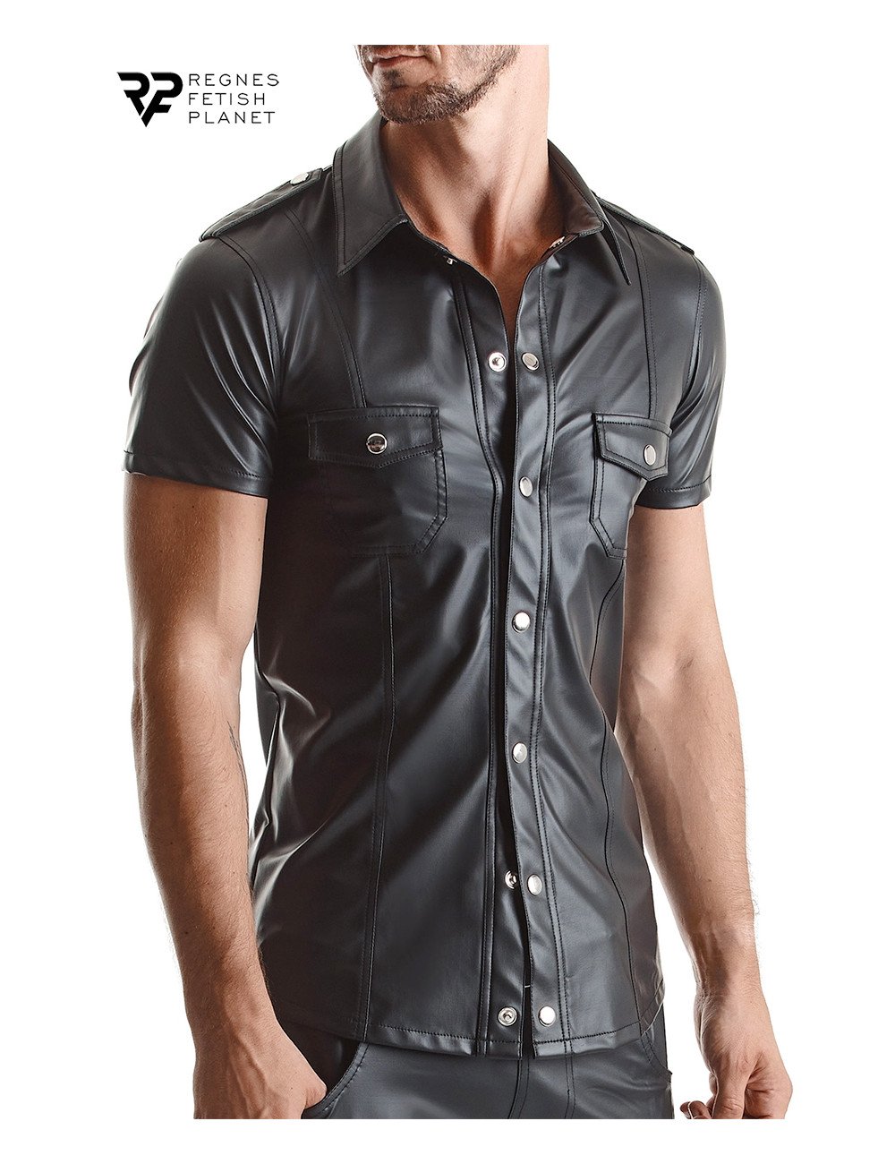 Chemise manches courtes wetlook noire Luca - Regnes